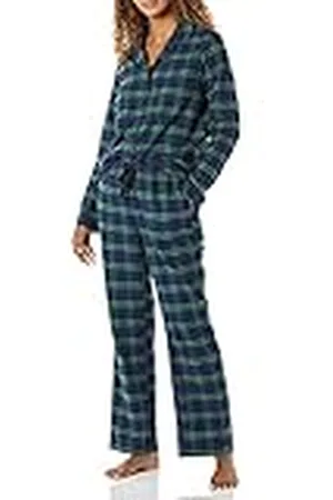 Amazon Dam flanell långärmad knapp fram skjorta och byxa pyjamasset, koboltblå grön blackwatch pläd, medium