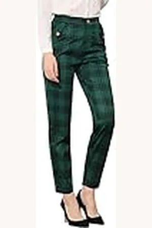Allegra K Kvinnors vintage tartan rutiga byxor elastisk midja raka långa byxor, , XL