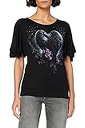 Spiral Direct Dam korp hjärta båt hals fladdermus ärm topp svart T-shirt, , S