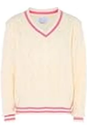 Blonda Damer retro stickad tröja med V-ringning och rund hals i kontrasterande färg ull vit storlek XL/XXL, , XL