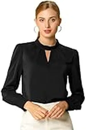Allegra K Dam elegant ståkrage nyckelhål långärmad choker V-ringning skjortor blus storlek, , XL