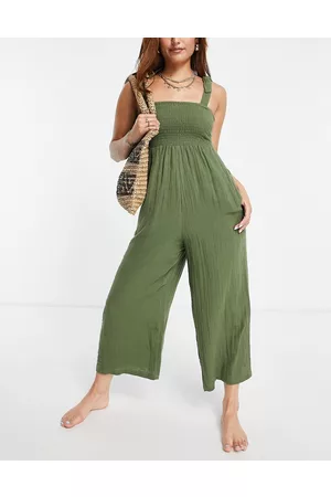 Accessorize – Khakigrön strandjumpsuit med volanger på axelbanden