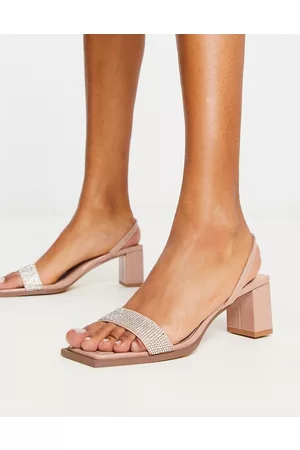 London Rebel – Beige utsmyckade sandaler med blockklack och hälrem