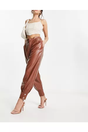 Forever Unique Kvinna Leggings byxor - – Ljusbruna byxor i PU med hög midja, del av set