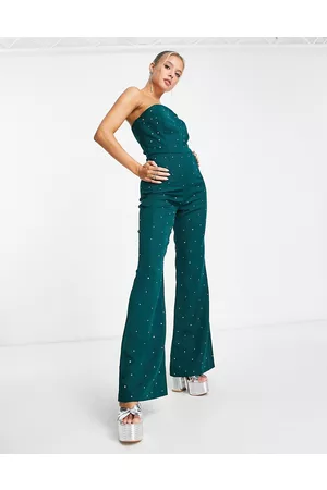 Rare Fashion London – Smaragdgrön, utsmyckad bandeau-jumpsuit