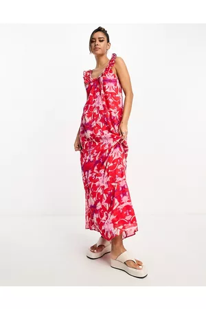 River Island Kvinna Midiklänningar - – Rosa blommig midiklänning med axelband med volanger och knytning baktill