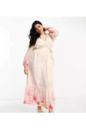 River Island Kvinna Maxiklänningar - – Rosa blommig maxiklänning med omlottdesign och ombréeffekt