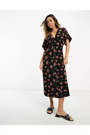 ASOS Kvinna Midiklänningar - – Svart, blommig midi-teaklänning med utsvängd ärm och knappar