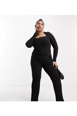 ASOS Kvinna Jumpsuits - ASOS DESIGN Curve – Svart, ribbad jumpsuit i unitardmodell med fyrkantig ringning och långa ärmar