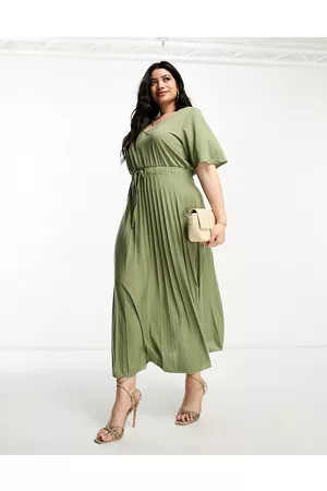 ASOS Kvinna Plisserade maxiklänningar - – Salviagrön plisserad midiklänning med v-ringning och knytning i midjan