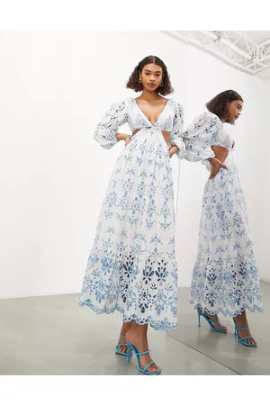 ASOS Kvinna Midiklänningar - – Blå, blommig midiklänning med långa ärmar och utskurna detaljer med broderier