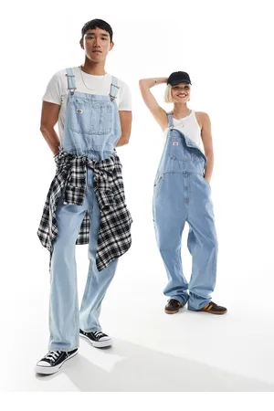 Dickies – Ljusblå, klassiska hängselbyxor i denim och vintagestil