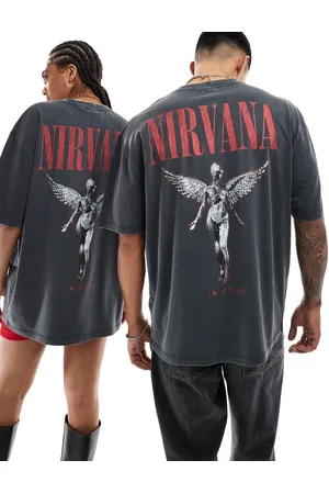 ASOS – Bleksvart oversize t-shirt i unisex-modell med licenserat Nirvana-tryck med ängel