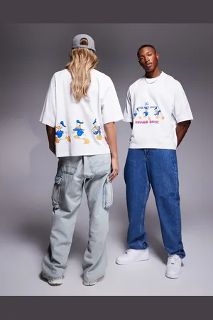 ASOS – Disney – Vit raglan-t-shirt i unisex-modell och oversize med puffat "Donald Duck"-tryck