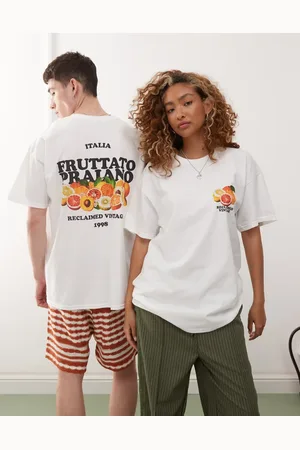 Reclaimed – Vit t-shirt i unisex-modell och oversize med frukttryck baktill