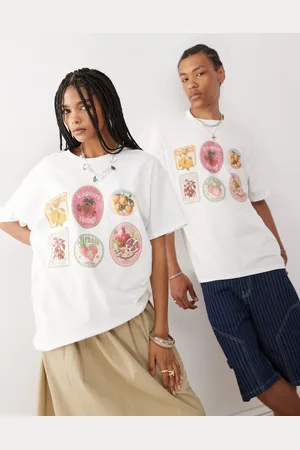 Reclaimed – Vit t-shirt i oversize och unisex-modell med fruktiga klistermärkestryck