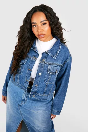 Boohoo Kvinna Jeansjackor - Plus Croppad Jeansjacka Med Fickor, Blue