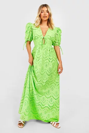 Boohoo Kvinna Maxiklänningar - Maxiklänning Med Broderie Anglaise Och Puffärm, Green