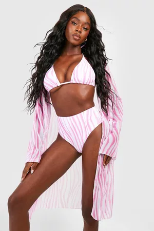 Boohoo Kvinna Kimonos - Marble 3 Piece Padded Bikini & Kimono Set, Pink