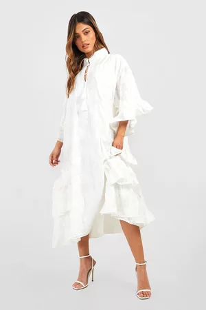 Boohoo Kvinna Midiklänningar - Midiklänning Med Volanger Och Struktur, White