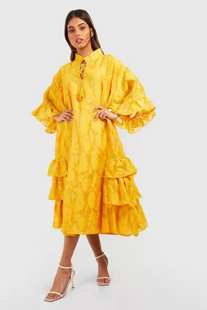 Boohoo Kvinna Midiklänningar - Midiklänning Med Volanger Och Struktur, Yellow