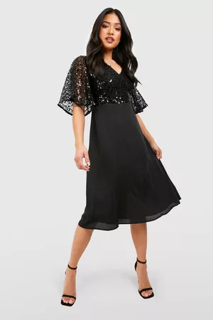 Boohoo Kvinna Midiklänningar - Petite Midiklänning Med Paljetter Och Vid Ärm, Black