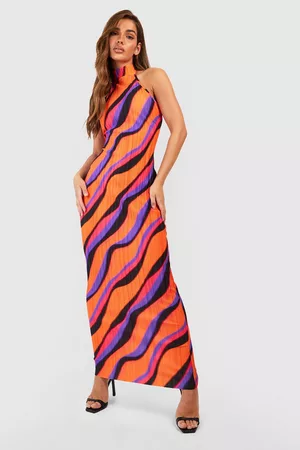 Boohoo Kvinna Maxiklänningar - Abstract Printed Plisse Halterneck Maxi Dress, Purple