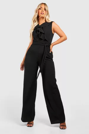 Boohoo Kvinna Culottebyxor - Plus Ruffle Wrap Tie Belt Culotte Jumpsuit, Black