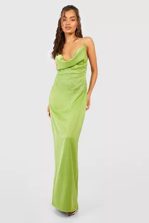 Boohoo Kvinna Maxiklänningar - Lace Detail Satin Maxi Dress, Green