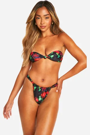 Boohoo Blommig Bandeaubikini Med Knutar