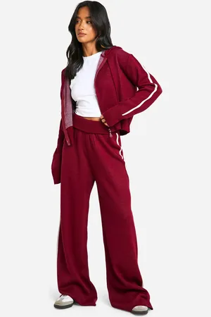 Boohoo Petite Stickad Hoodie Och Utsvängda Byxor I Midjan