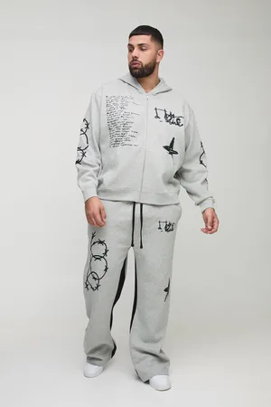 Boohoo Plus Oversize Träningsoverall Med Huva, Dragkedja Och Graffititryck