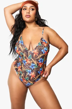 Boohoo Plus Blommig Baddräkt Med Låg Urringning