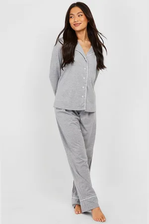 Boohoo Långärmad Pajamas I Jersey Med Kantband Och Knappar