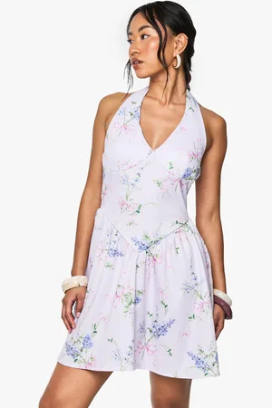 Boohoo Blommig Kort Klänning Med Låg Urringning