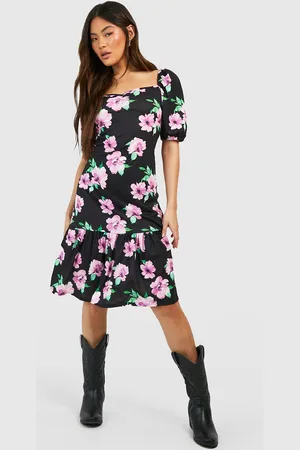 Boohoo Blommig Midiklänning Med Puffärm