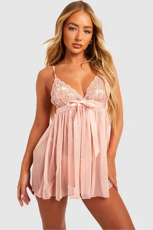 Boohoo Plisserad Babydoll Med Rosett Och Stringtrosa