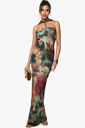 Boohoo Blommig Långklänning Med Halterneck