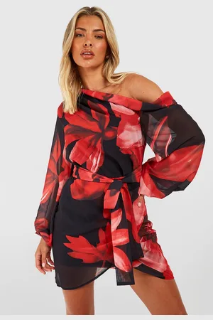 Boohoo Blommig One Shoulder-Klänning I Chiffong