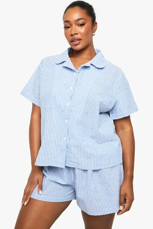 Boohoo Plus Randig Skjorta Och Pajamasshorts I Bäckebölja