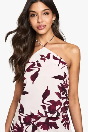 Boohoo Blommig Crop Top I Vävt Tyg Med Halterneck