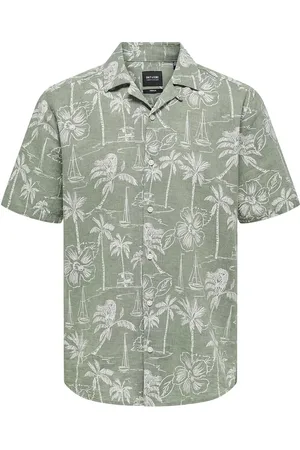 Only & Sons Onscaiden Ss Reg Hawaii Aop Linen Noos Khaki Green