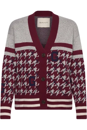 GANT Houndstooth V-Neck Cardigan Burgundy