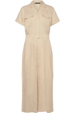 Ralph Lauren Embroidered Linen Short-Sleeve Jumpsuit Kräm