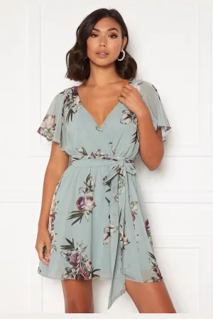 Goddiva Floral Flutter Skater Dress Duck Egg XXS (UK6)