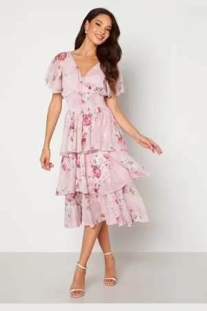 Goddiva Floral Flutter Tiered Midi Dress Blush XL (UK16)