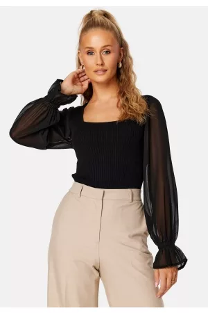 ONLY Kvinna Långärmade t-shirts - Violetta L/S Square Pullover Black Detail:W.DTM W XS