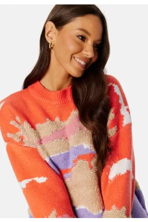 Object Kvinna Stickade tröjor - Frida L/S Knit Pullover Hot Coral Detail:Mix XL
