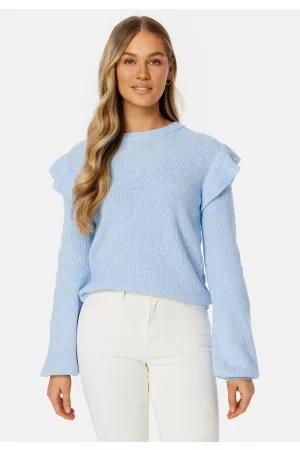 VILA Kvinna Stickade tröjor - Ril O-Neck Flounce Knit Top Kentucky Blue Detail L