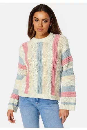 Object Kvinna Stickade tröjor - Deepa L/S Knit Pullover Sandshell Stripes Mu XS